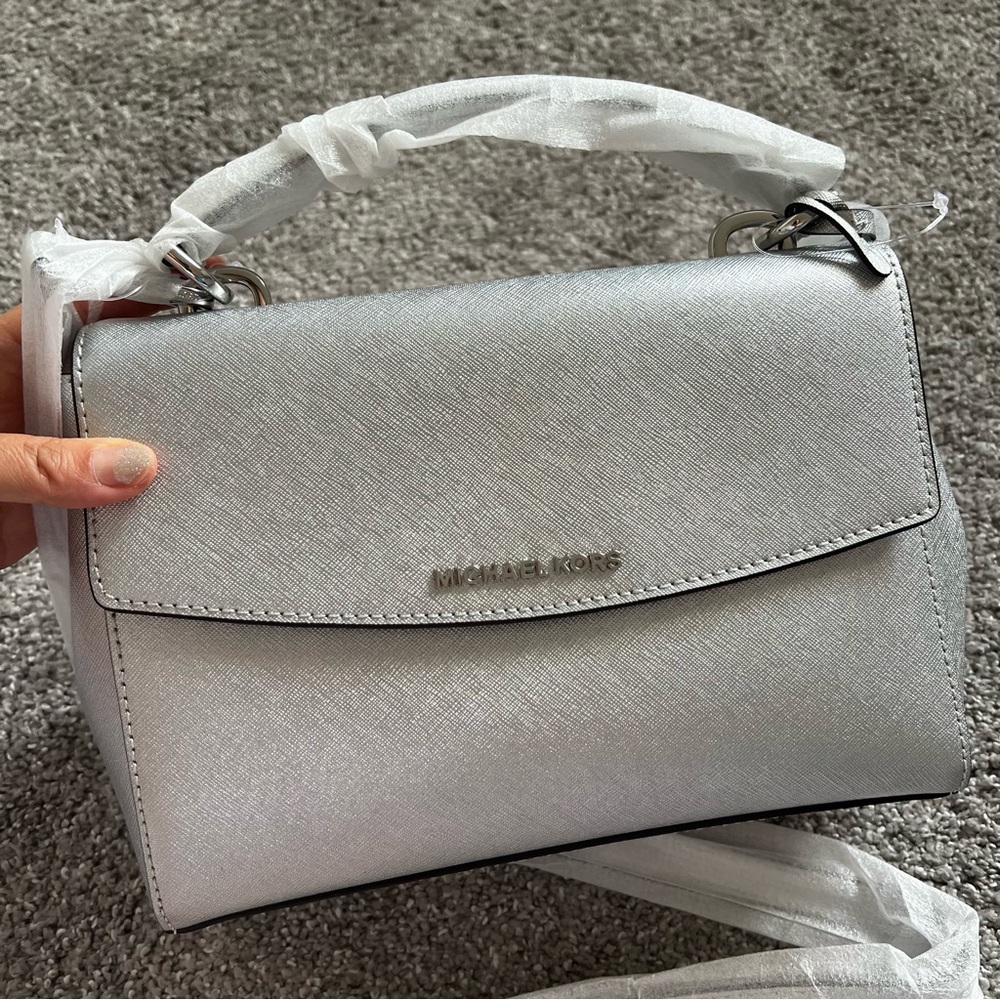Michael Kors Ava Metallic Silver Satchel bag crossbody NWT MK bag